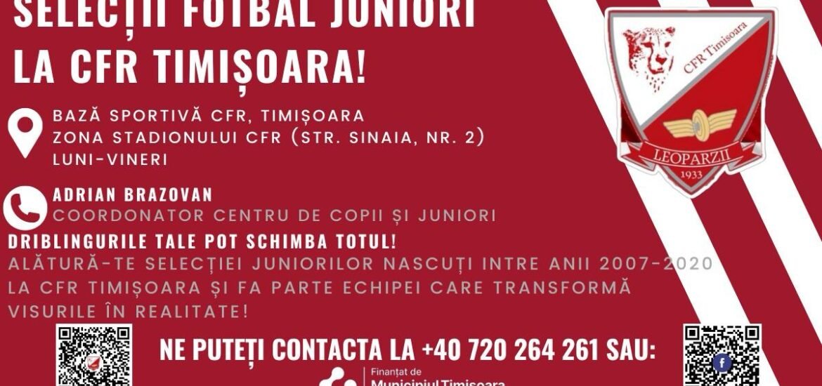 Viitorii Campioni se Pregătesc la CFR Juniori Timișoara! De ce să te alături CFR Juniori? Antrenamente de calitate: Programe de pregătire intensive, adaptate fiecărei categorii de vârstă. Competiții naționale și internaționale: Șansa de a participa la turnee de prestigiu. Dezvoltare holistică: Accent pe dezvoltarea abilităților tehnice, tactice, fizice și mentale. La CFR Juniori Timișoara, punem accent pe: Dezvoltarea individuală: Fiecare copil primește atenție personalizată din partea antrenorului pentru a-și maximiza potențialul. Spirit de echipă: Învățăm copiii să joace împreună, să se sprijine reciproc și să lupte pentru un scop comun. Fair-play și respect: Promovăm valorile sportive fundamentale și creăm un mediu pozitiv și incluziv. Distracție și pasiune: Ne dorim ca fiecare copil să se bucure de fotbal și să își cultive dragostea pentru acest sport. Ești gata să faci parte din familia CFR Juniori Timișoara? Vino la selecțiile noastre și demonstrează-ne talentul tău!