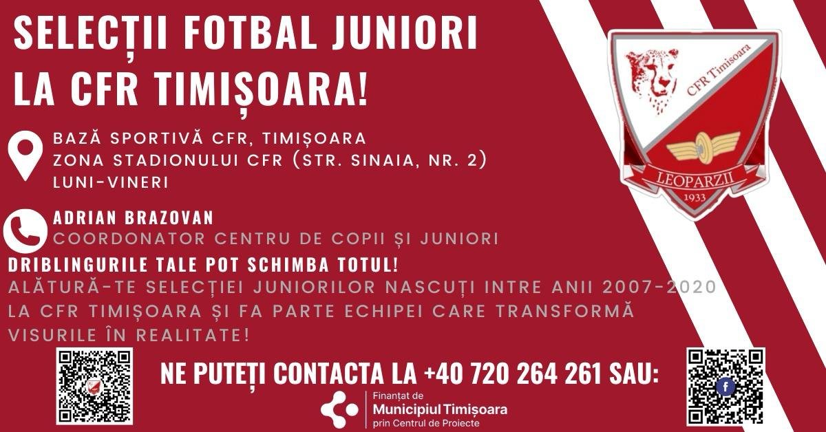 Viitorii Campioni se Pregătesc la CFR Juniori Timișoara! De ce să te alături CFR Juniori? Antrenamente de calitate: Programe de pregătire intensive, adaptate fiecărei categorii de vârstă. Competiții naționale și internaționale: Șansa de a participa la turnee de prestigiu. Dezvoltare holistică: Accent pe dezvoltarea abilităților tehnice, tactice, fizice și mentale. La CFR Juniori Timișoara, punem accent pe: Dezvoltarea individuală: Fiecare copil primește atenție personalizată din partea antrenorului pentru a-și maximiza potențialul. Spirit de echipă: Învățăm copiii să joace împreună, să se sprijine reciproc și să lupte pentru un scop comun. Fair-play și respect: Promovăm valorile sportive fundamentale și creăm un mediu pozitiv și incluziv. Distracție și pasiune: Ne dorim ca fiecare copil să se bucure de fotbal și să își cultive dragostea pentru acest sport. Ești gata să faci parte din familia CFR Juniori Timișoara? Vino la selecțiile noastre și demonstrează-ne talentul tău!